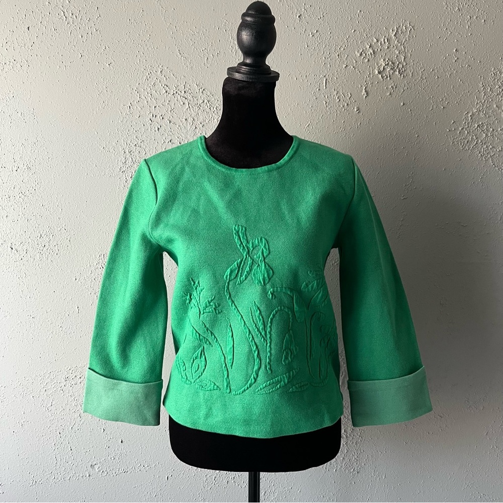 Green embroidered floral bell sleeve sweater top Anthropologie moth women xs